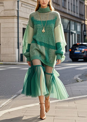 Bohemian Green High Neck Patchwork Tulle Knitted Dress Fall