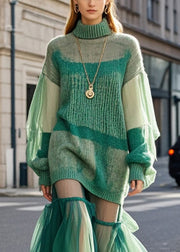 Bohemian Green High Neck Patchwork Tulle Knitted Dress Fall