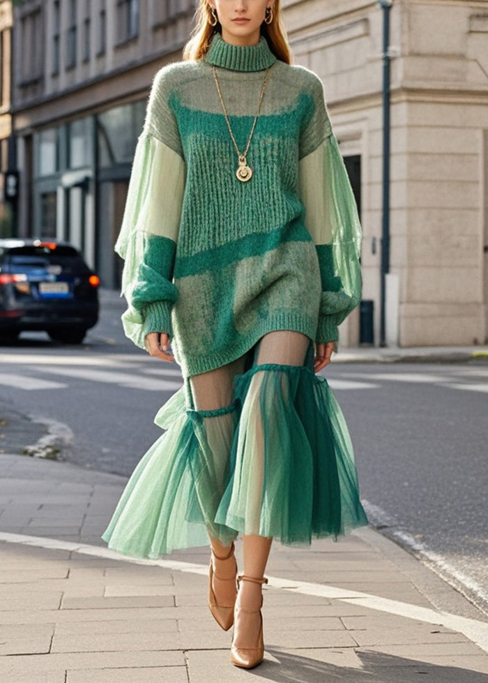 Bohemian Green High Neck Patchwork Tulle Knitted Dress Fall