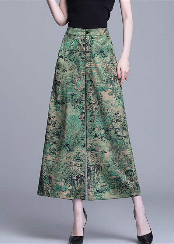 Bohemian Green High Waist Print Silk Wide Leg Pants Summer