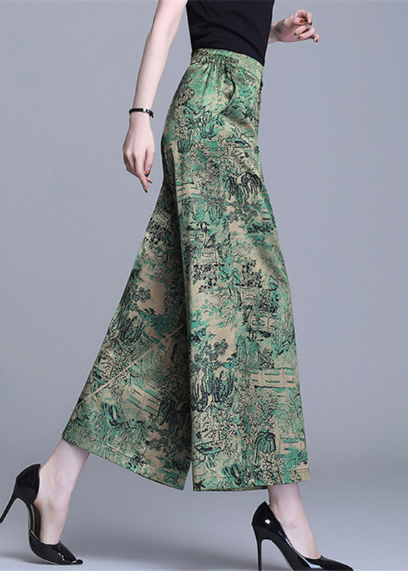 Bohemian Green High Waist Print Silk Wide Leg Pants Summer