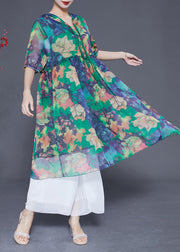 Bohemian Green Hooded Ruffled Print Chiffon Dress Summer