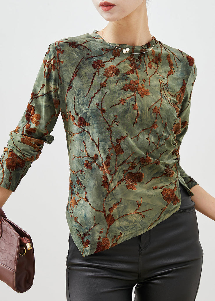 Bohemian Green Jacquard Asymmetrical Silm Fit Velour Blouses Spring