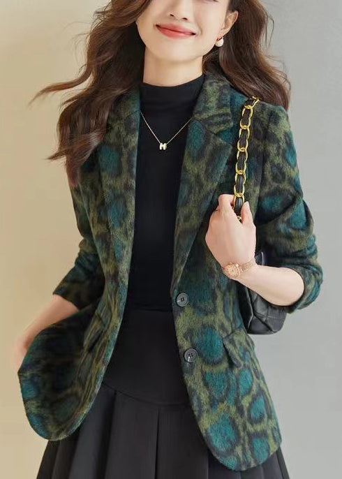 Bohemian Green Leopard Print Woolen Coats Spring