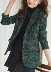 Bohemian Green Leopard Print Woolen Coats Spring