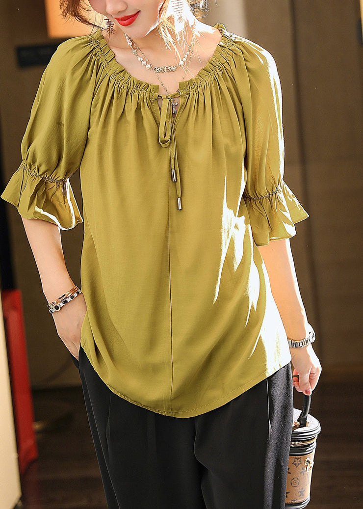 Bohemian Green O-Neck Drawstring Solid Top Summer