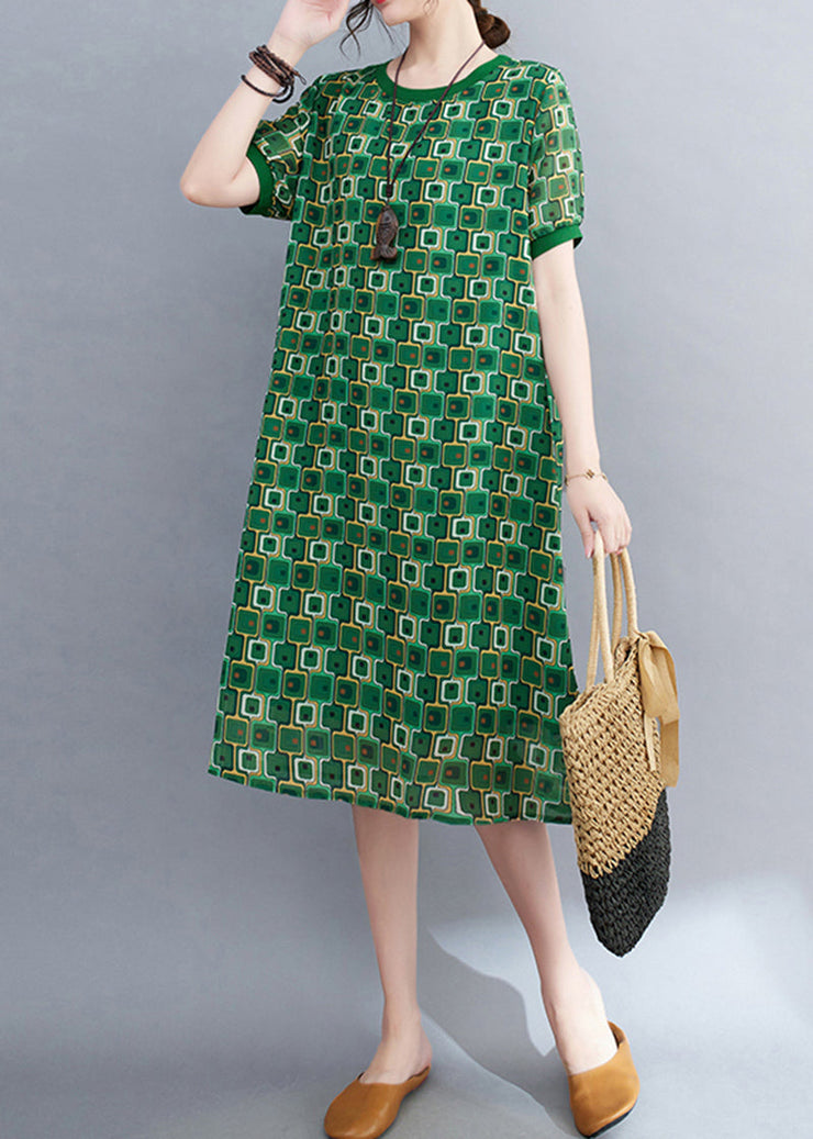 Bohemian Green O-Neck Print Chiffon Beach Dresses Summer