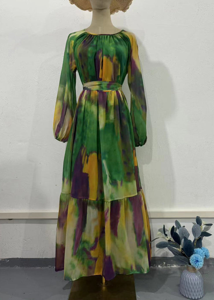 Bohemian Green O Neck Print Chiffon Dresses Spring