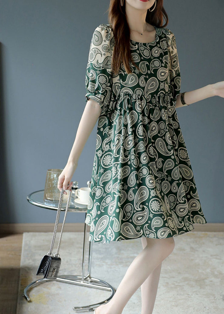 Bohemian Green O-Neck Print Chiffon Mid Dress Summer