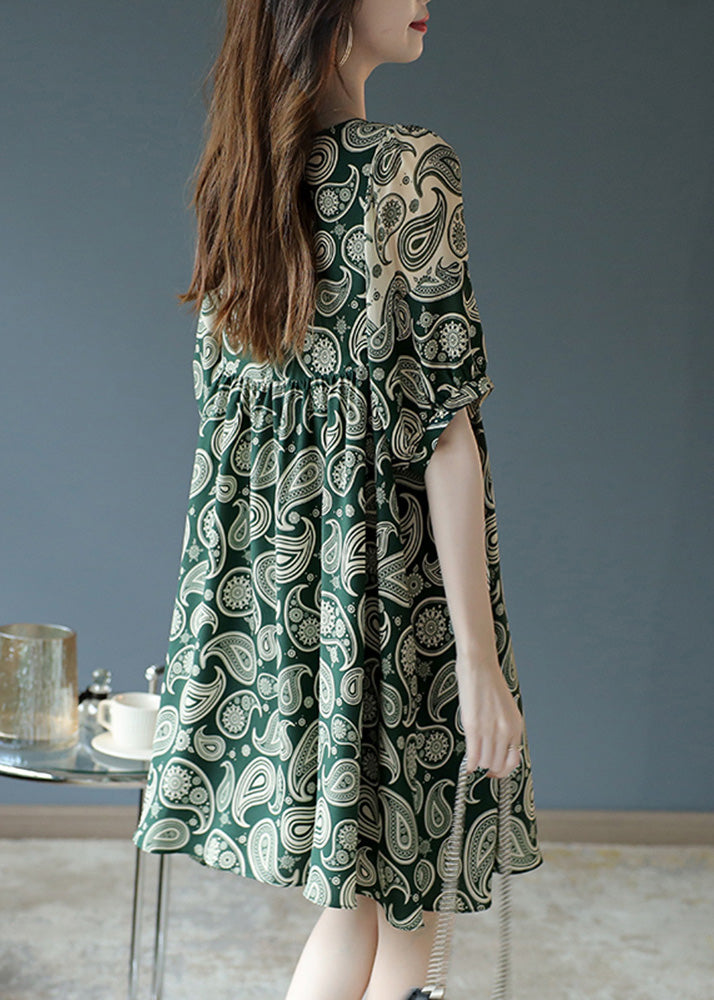 Bohemian Green O-Neck Print Chiffon Mid Dress Summer