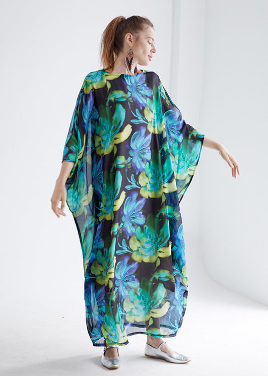 Bohemian Green O Neck Print Chiffon Robe Dress Summer