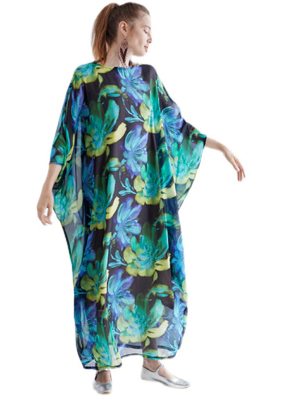 Bohemian Green O Neck Print Chiffon Robe Dress Summer