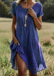 Bohemian Green O Neck Print Cotton Dress Short Sleeve