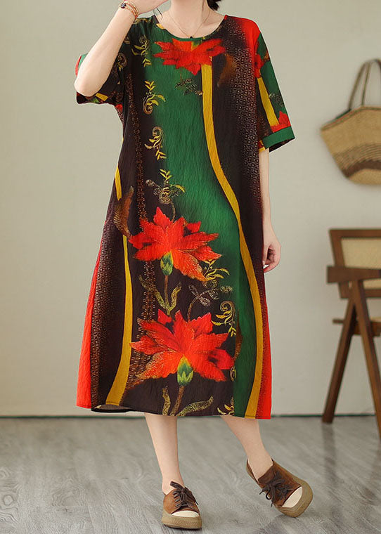 Bohemian Green O Neck Print Patchwork Cotton Dress Summer