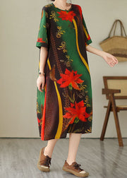 Bohemian Green O Neck Print Patchwork Cotton Dress Summer