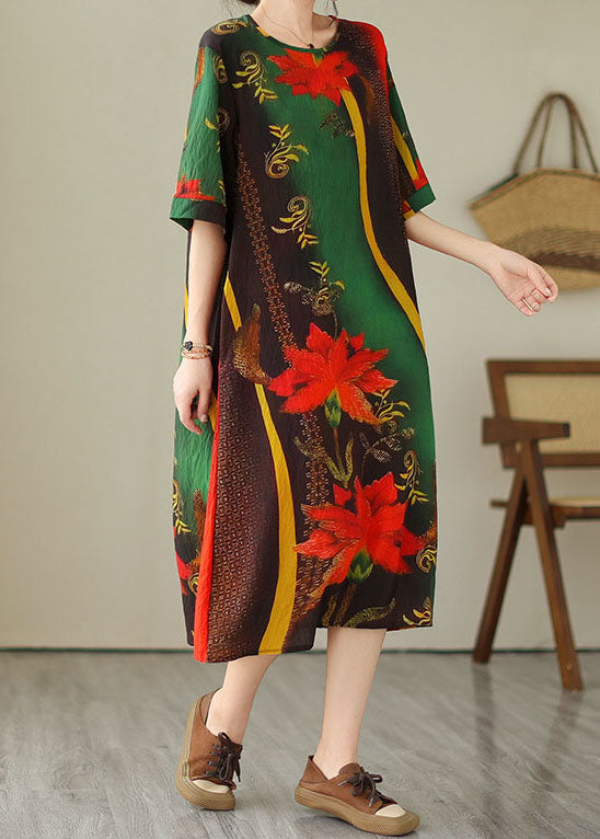 Bohemian Green O Neck Print Patchwork Cotton Dress Summer