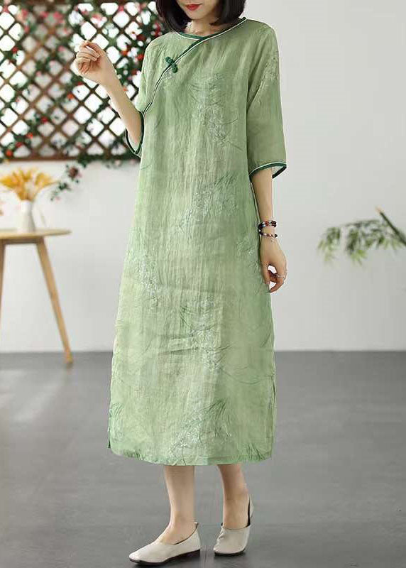 Bohemian Green O Neck Print Patchwork Linen Dresses Summer