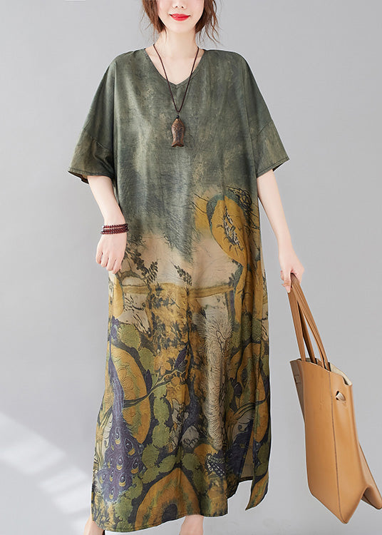 Bohemian Green O-Neck Print Side Open Long Dress Short Sleeve