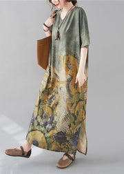 Bohemian Green O-Neck Print Side Open Long Dress Short Sleeve