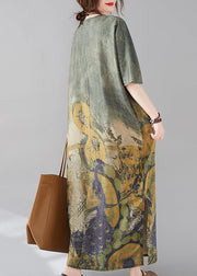 Bohemian Green O-Neck Print Side Open Long Dress Short Sleeve