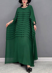 Bohemian Green-print2  O-Neck Striped Chiffon Ankle Dress Batwing Sleeve