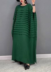 Bohemian Green-print2  O-Neck Striped Chiffon Ankle Dress Batwing Sleeve