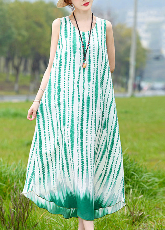 Bohemian Green O-Neck Striped Long Dress Summer