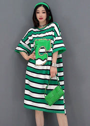 Bohemian Green O-Neck Striped Print Cotton Loose Dresses Short Sleeve