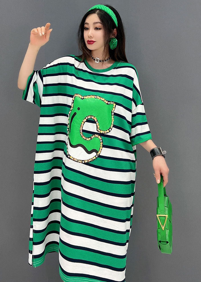 Bohemian Green O-Neck Striped Print Cotton Loose Dresses Short Sleeve