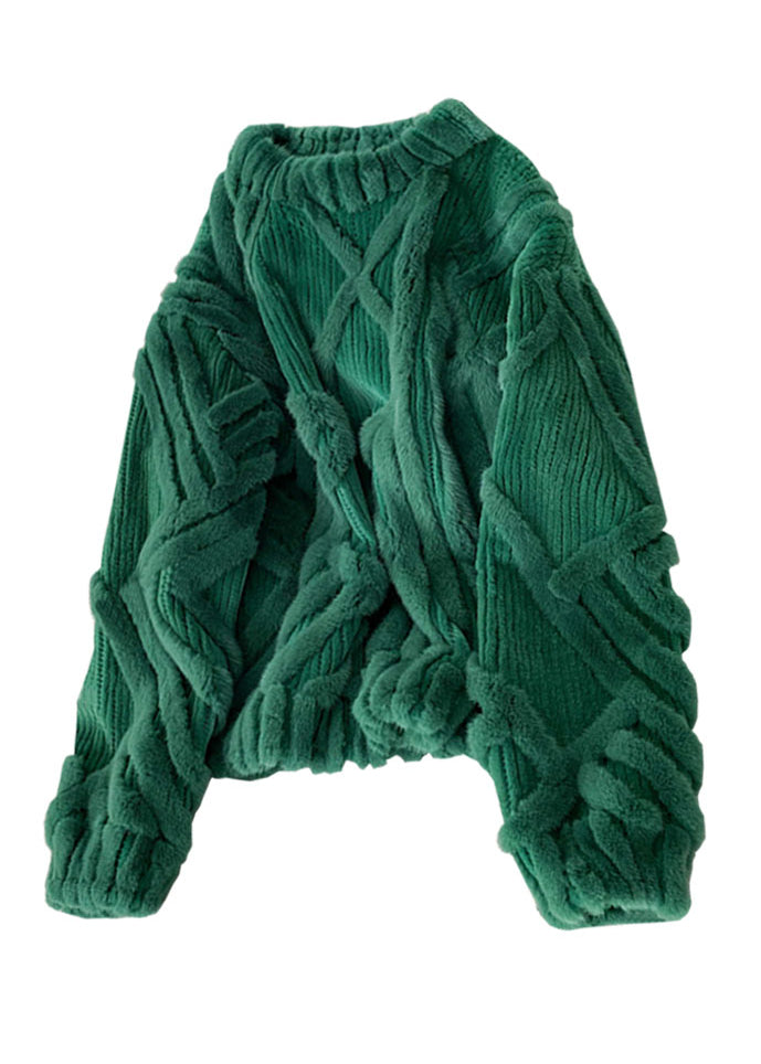 Bohemian Green O-Neck Thick Cable Knit Sweater Fall