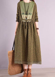 Bohemian Green O Neck Wrinkled Print Patchwork Linen Long Dress Spring