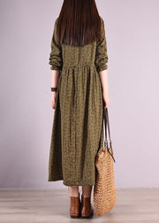 Bohemian Green O Neck Wrinkled Print Patchwork Linen Long Dress Spring