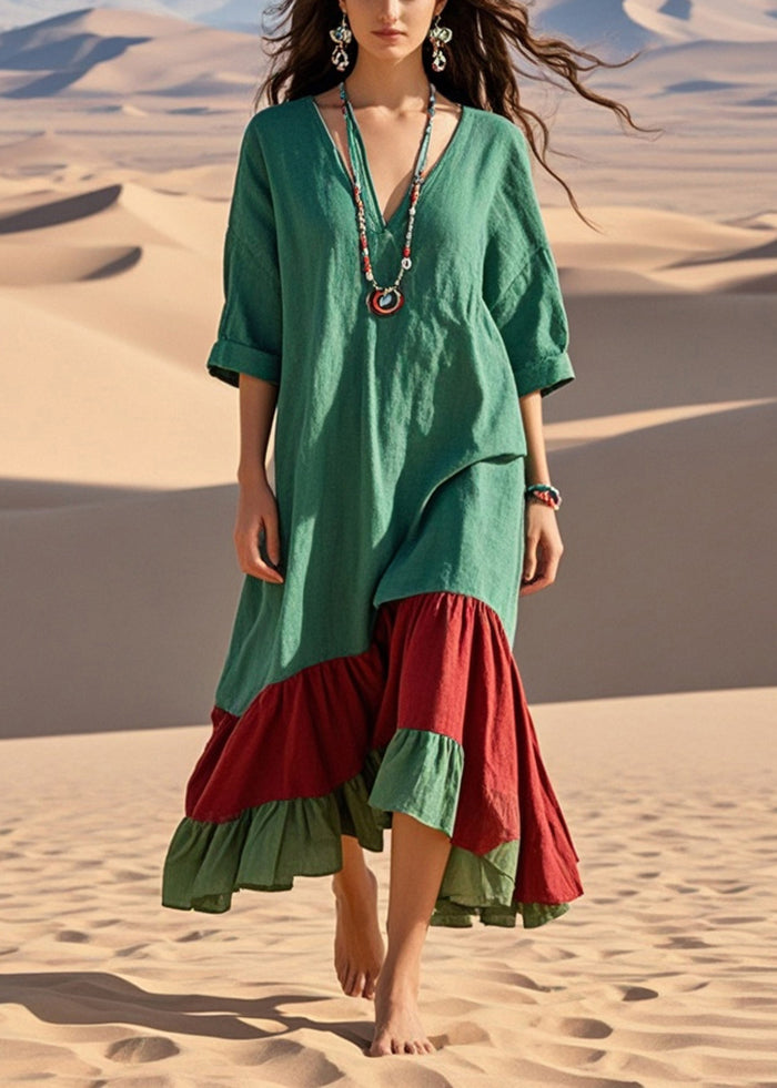 Bohemian Green Oversized Patchwork Cotton Long Dress Summer