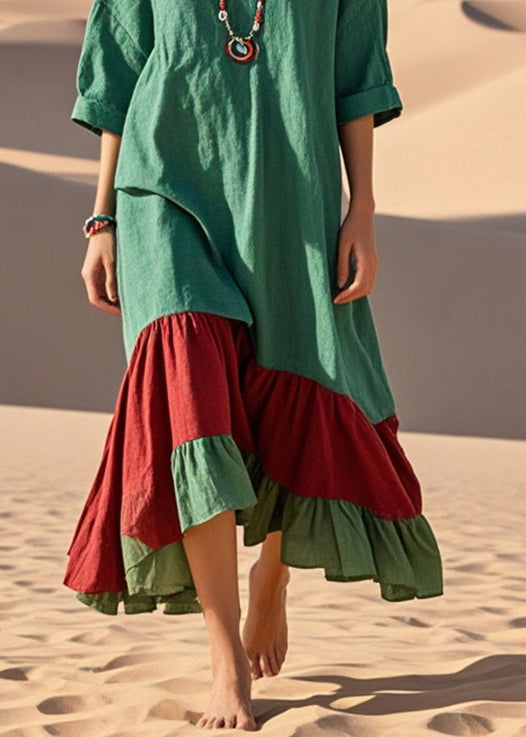 Bohemian Green Oversized Patchwork Cotton Long Dress Summer