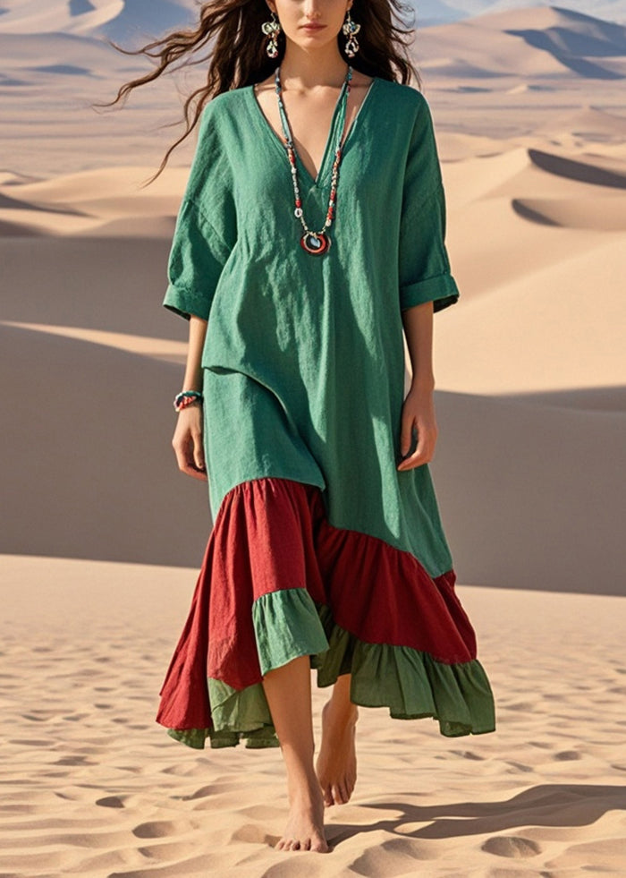 Bohemian Green Oversized Patchwork Cotton Long Dress Summer