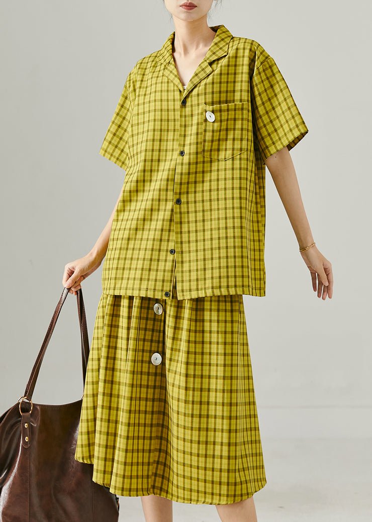 Bohemian Green Oversized Plaid Cotton Two Pieces Set Summer