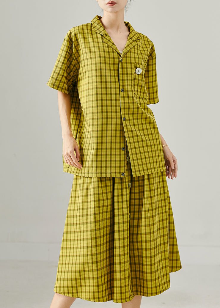 Bohemian Green Oversized Plaid Cotton Two Pieces Set Summer