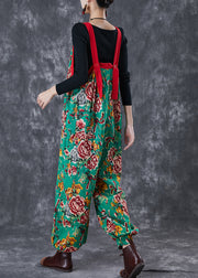 Bohemian Green Oversized Print Cotton Overalls Jumpsuit Fall