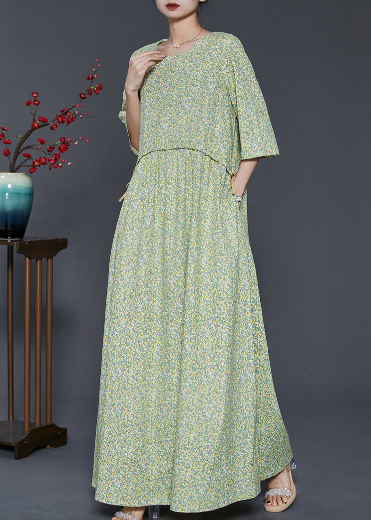 Bohemian Green Oversized Print Drawstring Cotton Dress Summer