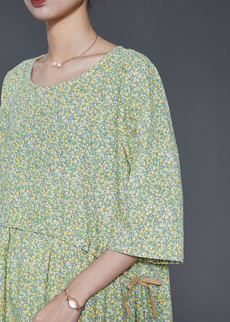Bohemian Green Oversized Print Drawstring Cotton Dress Summer