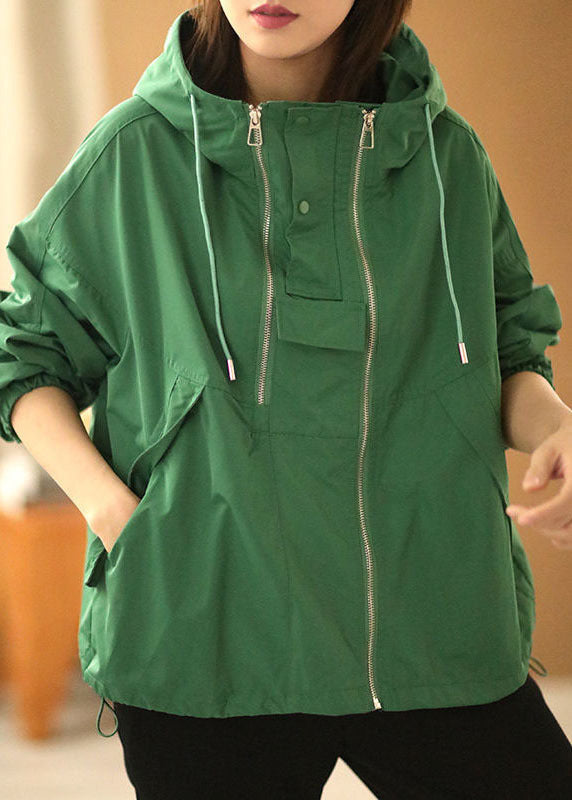 Bohemian Green Oversized Zippered Drawstring Cotton Hooded Coat Long Sleeve