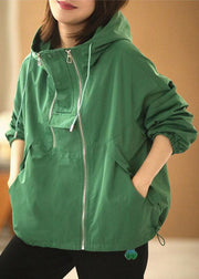 Bohemian Green Oversized Zippered Drawstring Cotton Hooded Coat Long Sleeve