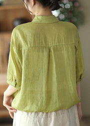 Bohemian Green Peter Pan Collar Drawstring Button Linen Shirt Top Short Sleeve