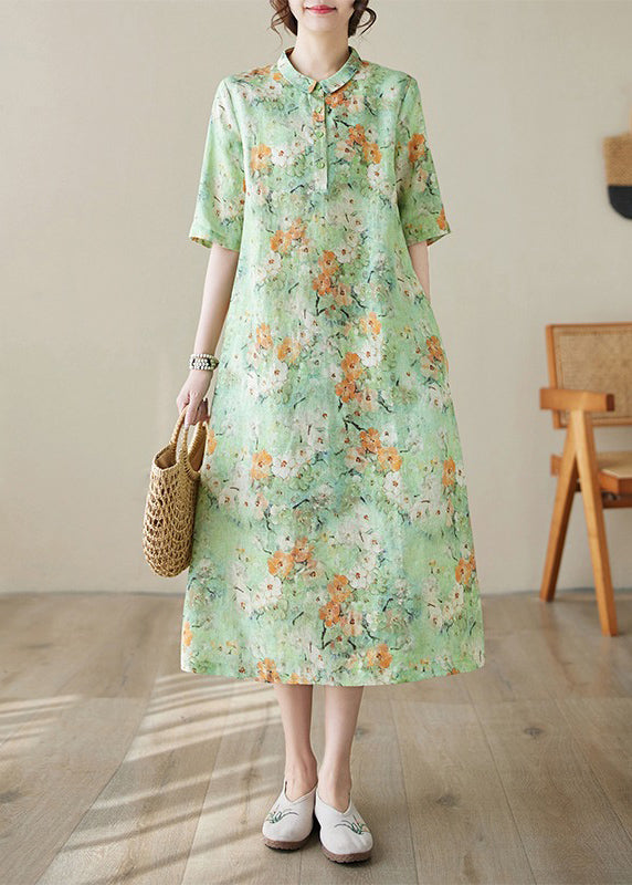 Bohemian Green Peter Pan Collar Print Cotton Long Dresses Summer