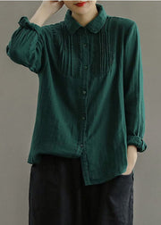 Bohemian Green Peter Pan Collar Wrinkled Solid Cotton Blouses Long Sleeve