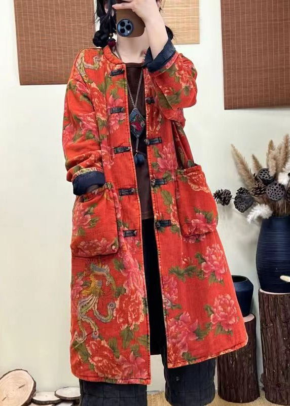 Bohemian Green Pockets Print Chinese Button Fine Cotton Filled Coat Winter