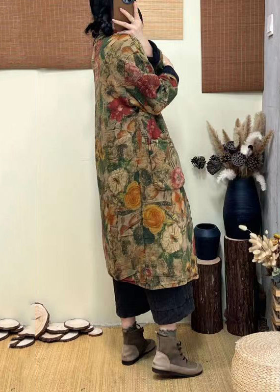 Bohemian Green Pockets Print Chinese Button Fine Cotton Filled Coat Winter