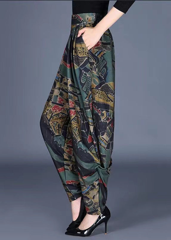 Bohemian Green Pockets Wrinkled Print Cotton Pants Fall