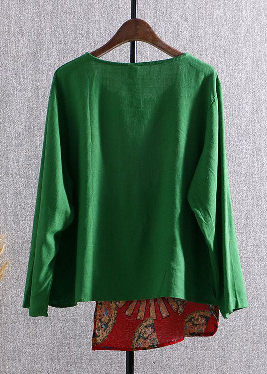 Bohemian Green Print Asymmetrical Button Patchwork Cotton Top Long Sleeve