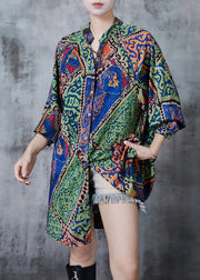 Bohemian Green Print Draping Silk Tea Dress Spring